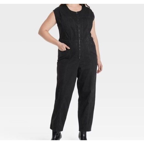 Universal Thread Tailored Denim Jumpsuit Womens Plus Sz 24 Black Zip Front New - Picture 7 of 7